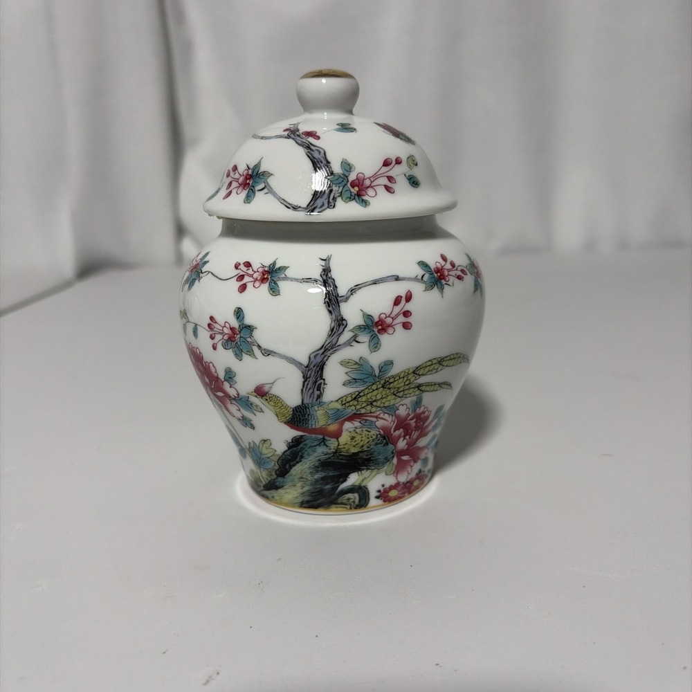 Japanese Chinoiserie Ginger Jar Ceramic Floral Bird Butterfly Design White